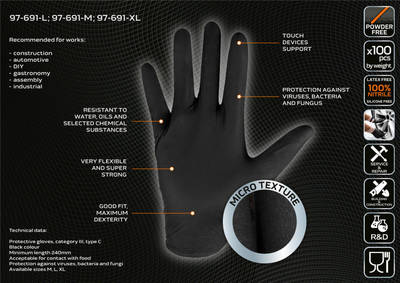 NEO  97-691-L  Nitrilové rukavice, čierne, 100 kusov, veľkosť L