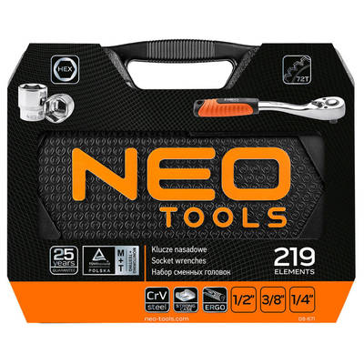 NEO  08-671  Gola sada  219 ks, 1/2", 3/8", 1/4", CrV