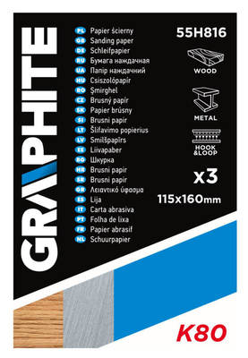 GRAPHITE  55H816  Brúsny papier 115 x 160 mm, otovry, perforácia k uzavretiu odtrhnutiu. K80, 3 ks.