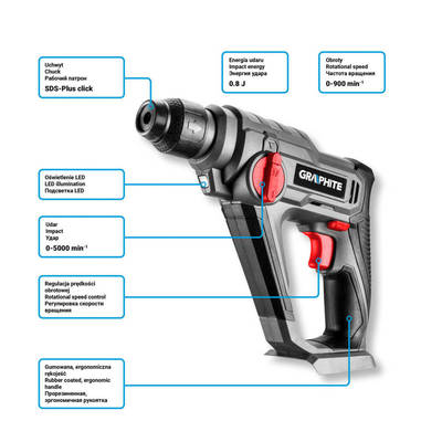 GRAPHITE ENERGY+  58G009  AKU vŕtacie kladivo, Li-Ion / 0.8J, bez batérie