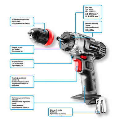 GRAPHITE ENERGY+ 58G022 Aku Dvojrýchlostná vŕtačka/skrutkovač, 18V, li-Ion, bez batérie