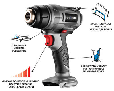 GRAPHITE ENERGY+ 58G082 Aku teplovzdušná pištoľ 18V Li-Ion, telota 550°C, bez batérie