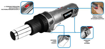 GRAPHITE  59G523  Teplovzdušná pištoľ, 2000 W, tep. rozsah: I: 350ºC, II: 550ºC,