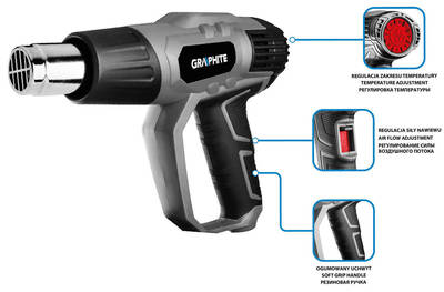 GRAPHITE  59G526  Teplovzdušná pištoľ, 2000 W, tep. rozsah: I: 50ºC, II: 50-550ºC, III: 50-550ºC