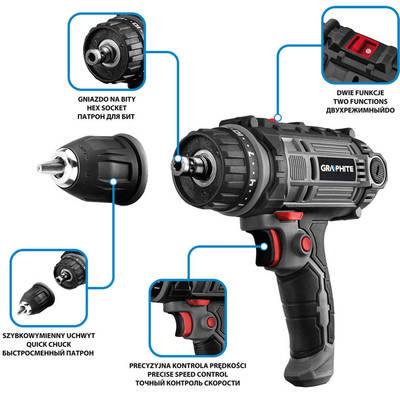 GRAPHITE  58G793  Elektrická dvojrýchlostná vŕtačka/skrutkovač 300W, skľúčovadlo 10 mm