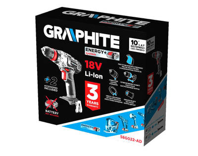 GRAPHITE ENERGY+  58G022-AD  AKU Vŕtací skrutkovač18 V, 10 mm odnímateľná rukoväť, plus adaptér na uhly a hrany, bez batérie