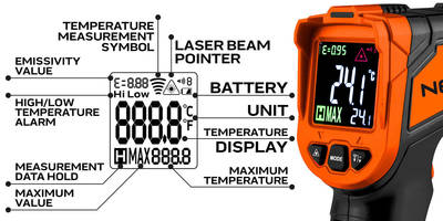 NEO  75-276  Pyrometer, prístroj na meranie teploty (C-50~880, F-58~1616)