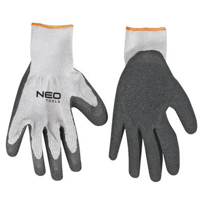 NEO  97-601  Pracovné rukavice, polyester + bavlna bezšvíkové pletené podšívka, winkled latex dlaň potiahnutá, 8 "